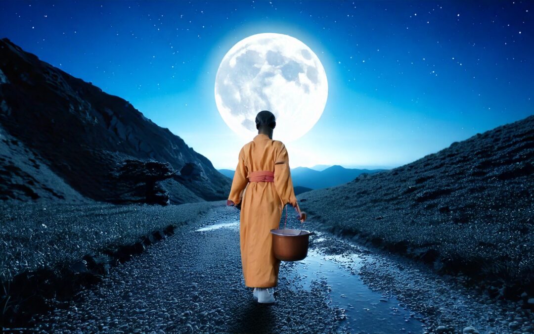 Ein Zen-Mönch trägt einen Eimer in dem sich der Mond spiegelt